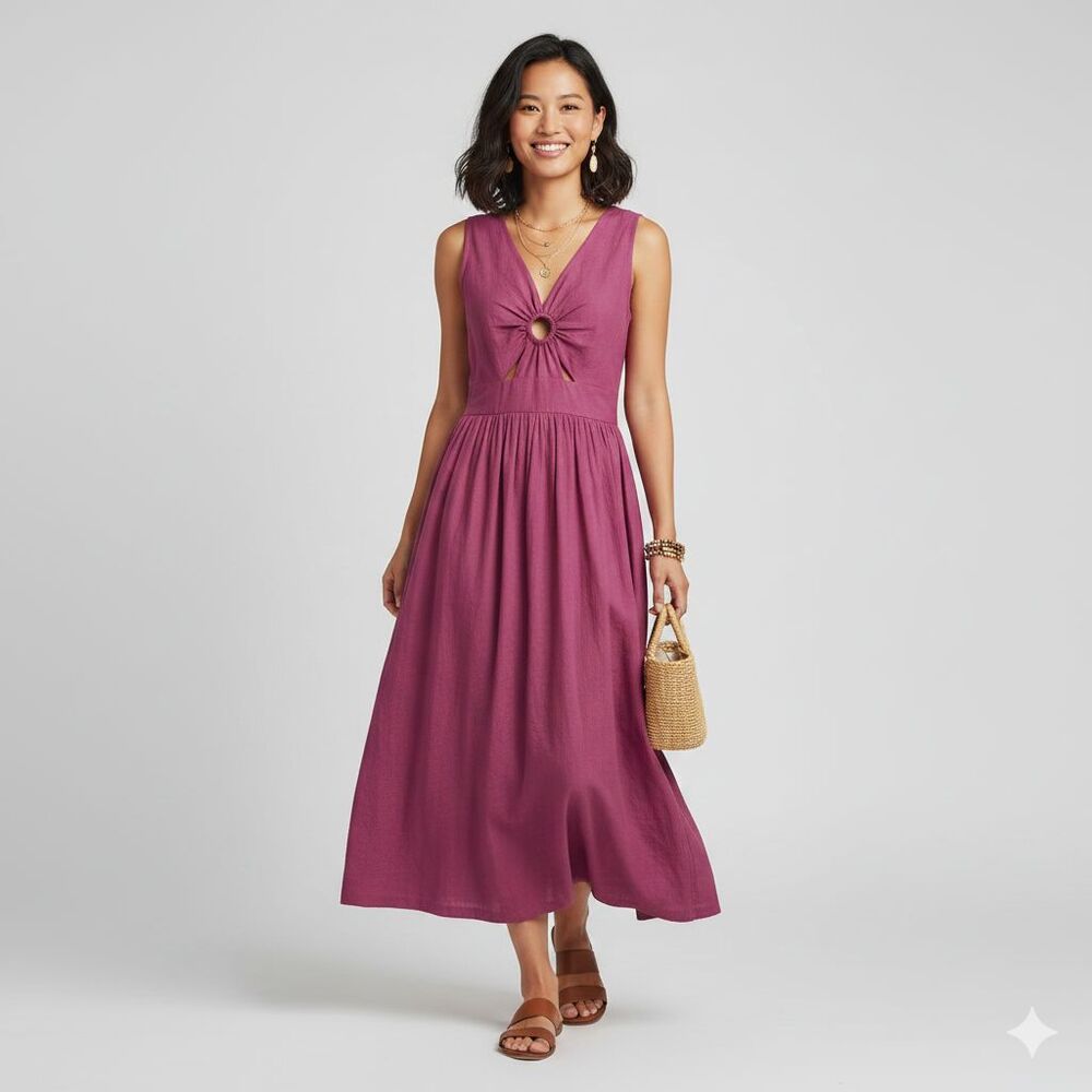 Cleobella Pink Cotton A Line V Neck Cutout Midi Summer Dress Women's Size S